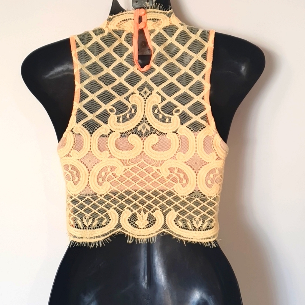 Morning Mist Size 8 Yellow & Neon Lace Crop Top - Picture 3 of 5